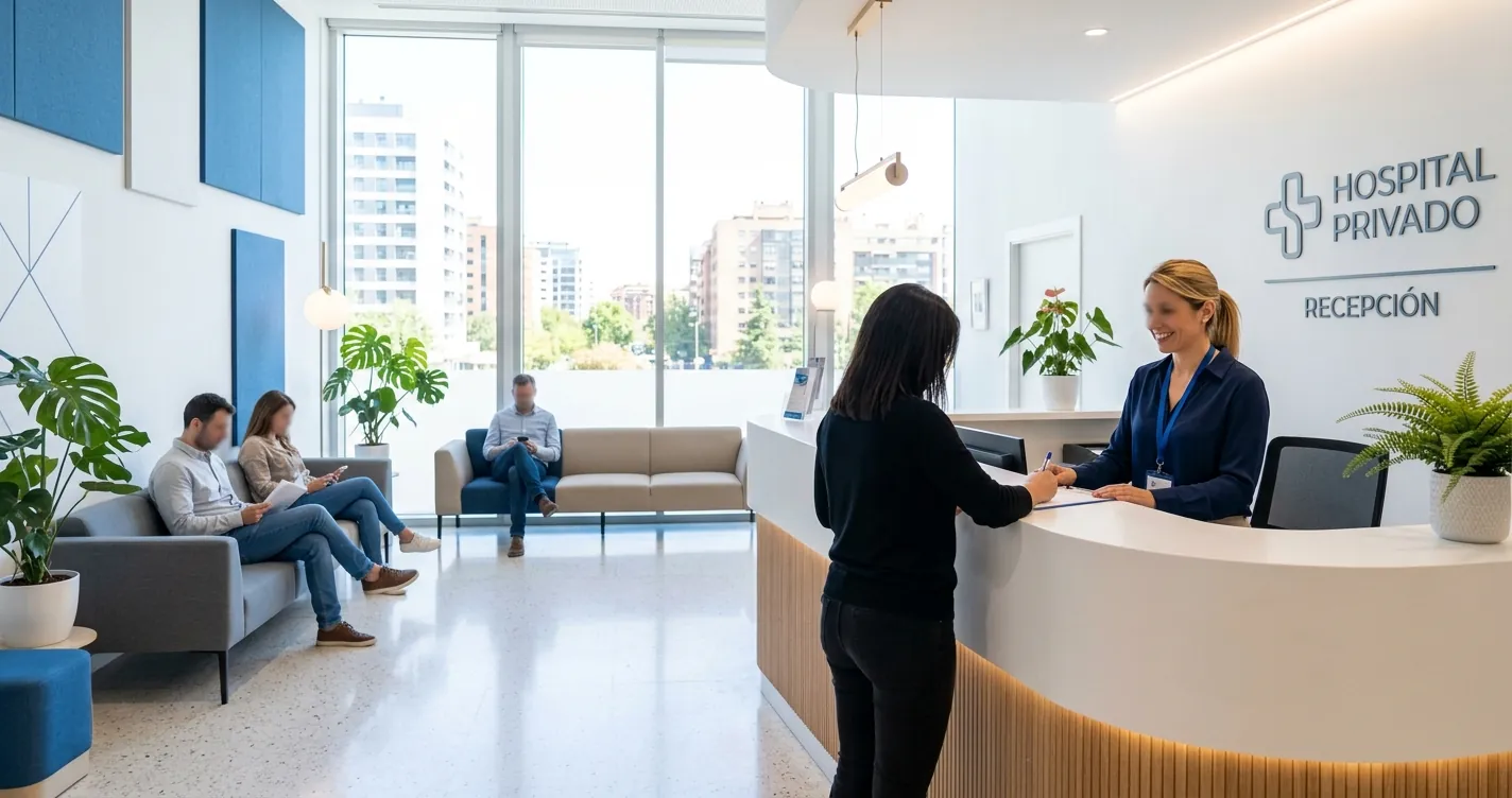 Seguros médicos privados Madrid - Recepción moderna de hospital privado con pacientes