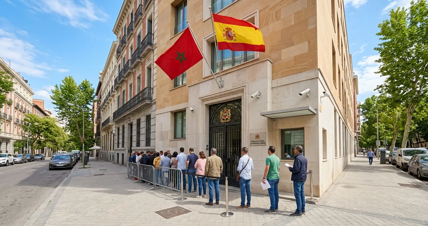 Consulado de Marruecos en Madrid cita previa - Fachada del edificio consular con bandera