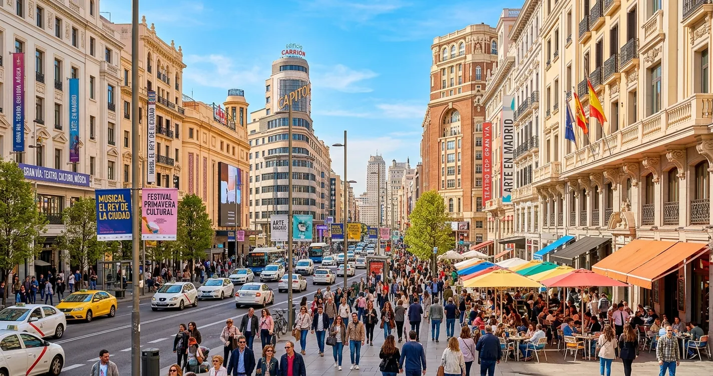 Eventos en Madrid abril 2026 - Vista de la Gran Via con ambiente primaveral y cultural