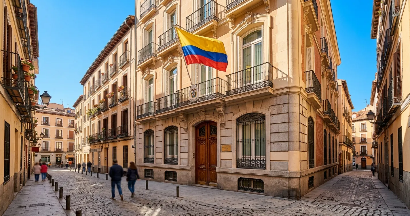Consulado de Colombia en Madrid - Fachada del edificio consular con bandera colombiana
