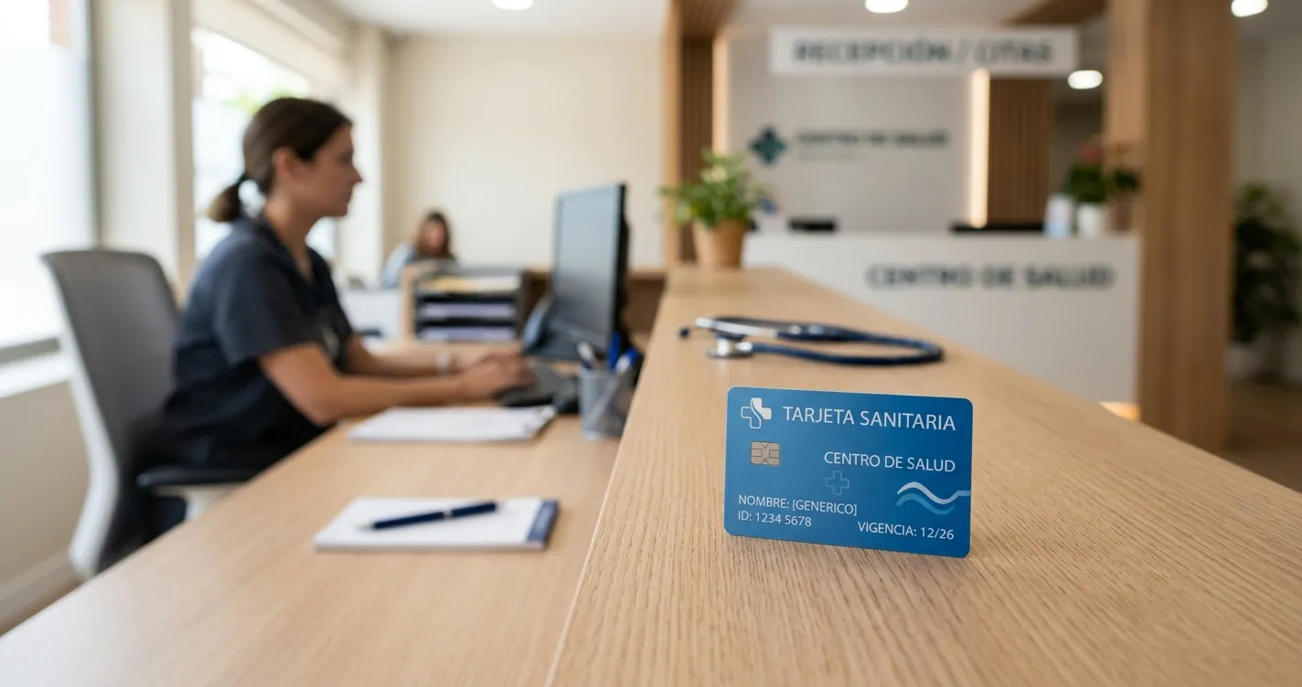 Tarjeta sanitaria en Madrid sobre escritorio de centro de salud - documento oficial del SERMAS