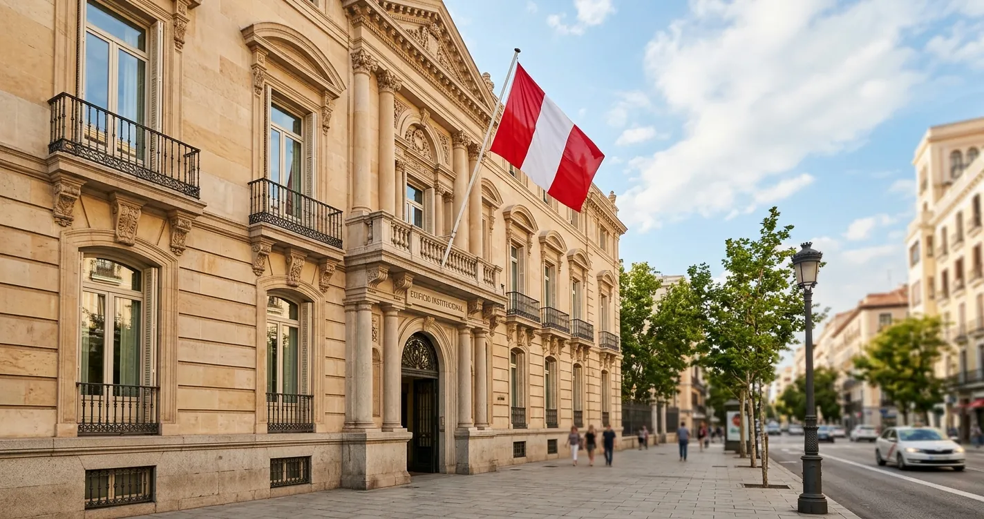Sacar cita para el consulado peruano en Madrid - Fachada institucional con bandera del Perú