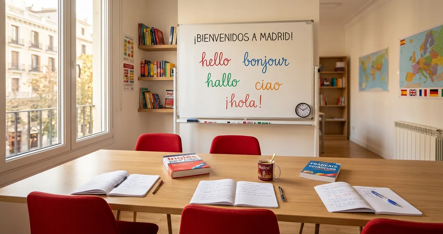 Academias de idiomas en Madrid - Aula moderna con materiales para aprender ingles, frances y aleman