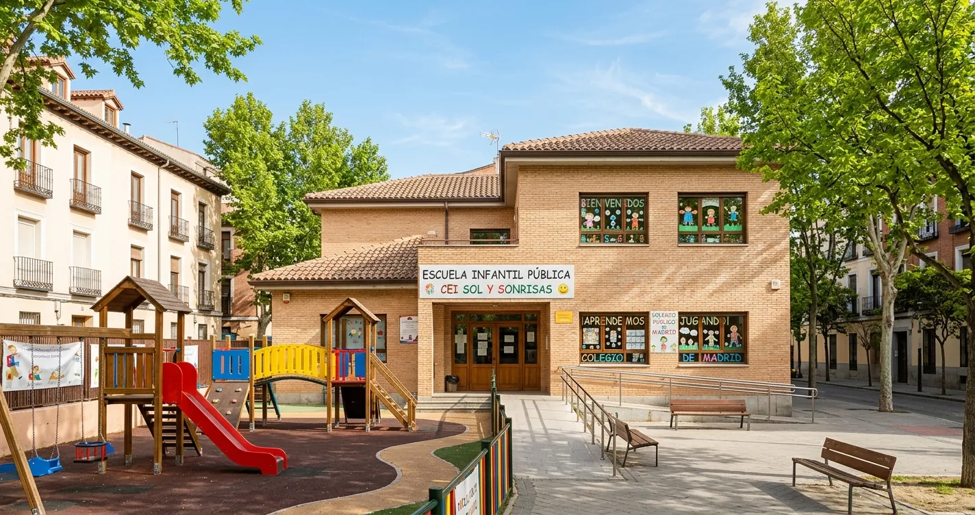 Guarderías públicas Madrid - Exterior de escuela infantil municipal con patio y juegos infantiles para niños de 0 a 3 años