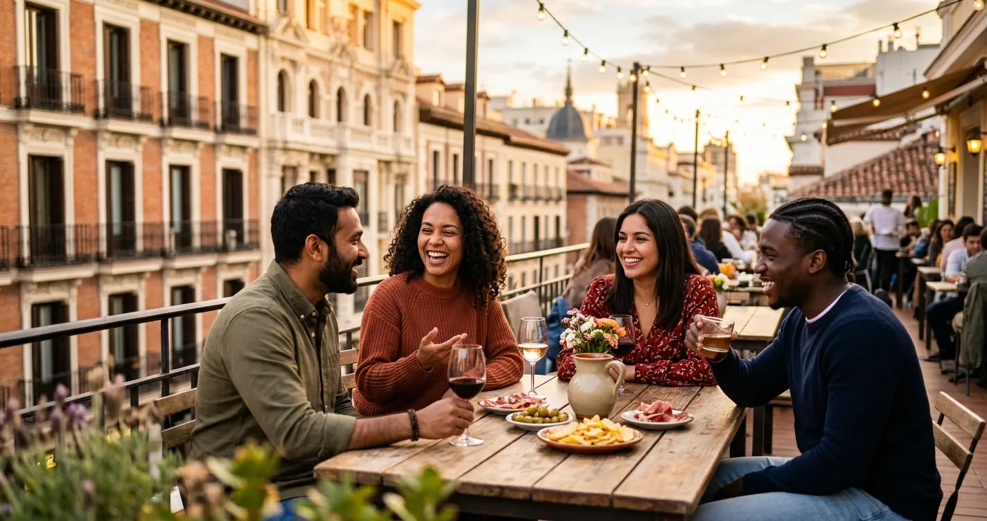 Grupos para conocer gente en Madrid - Personas socializando en una terraza céntrica de la ciudad