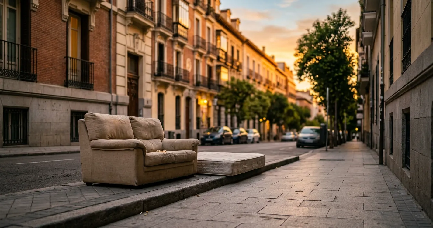 Días de recogida de muebles en Madrid - Sofá y colchón depositados en la acera de un barrio madrileño al atardecer