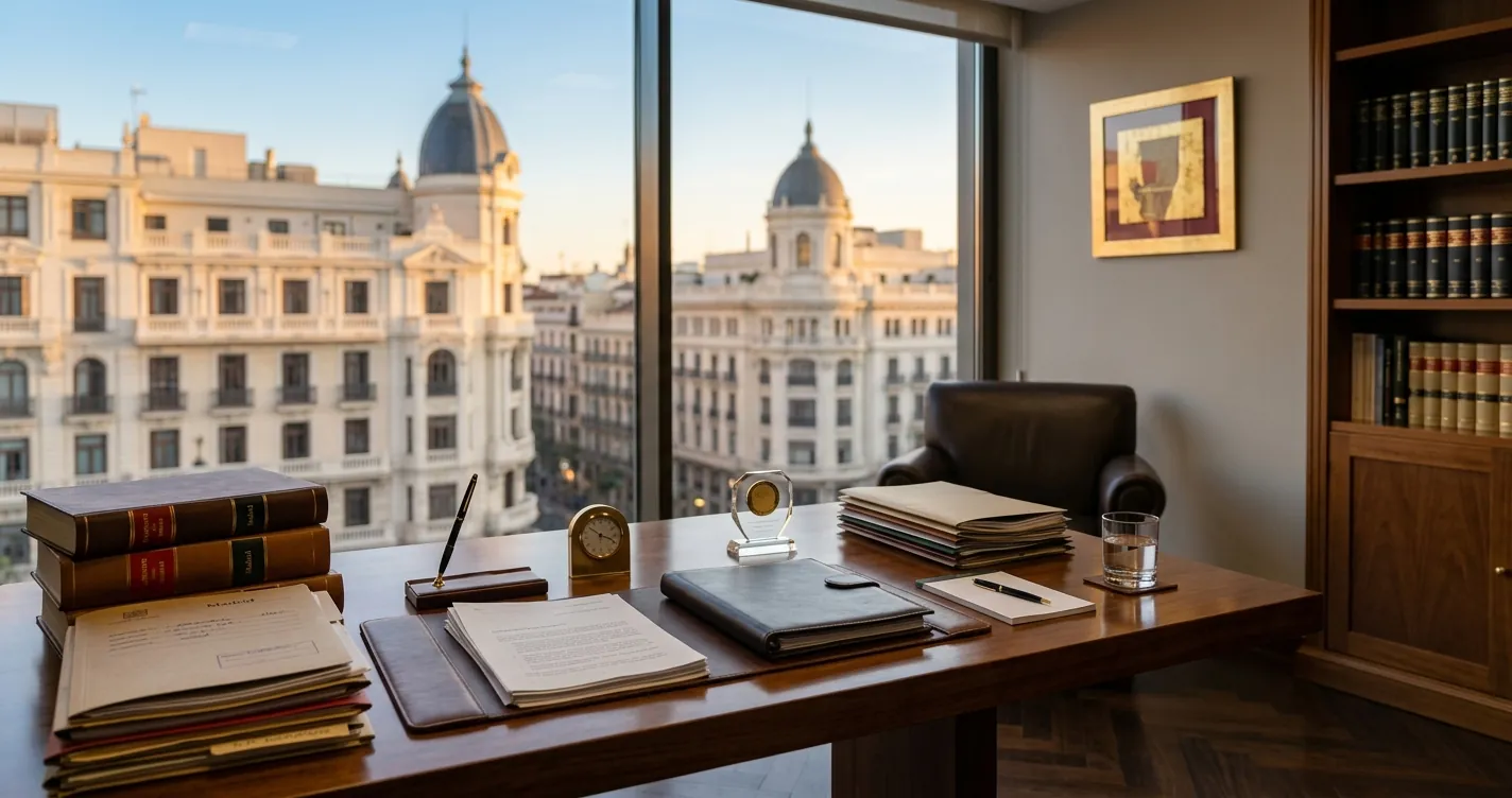 Abogados de extranjería en Madrid - Despacho profesional con documentos legales y vista a edificios madrileños