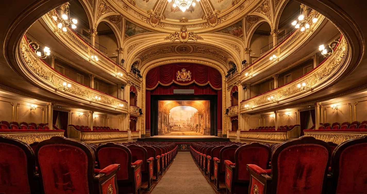 Obras de teatro clásico en Madrid - Interior de teatro histórico con butacas rojas y escenario iluminado