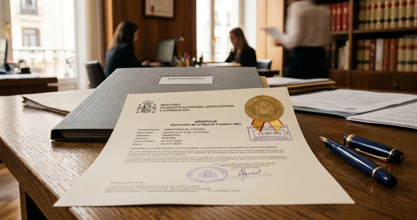 Cita para apostillar documentos en Madrid - Documento oficial sellado con la Apostilla de la Haya sobre escritorio