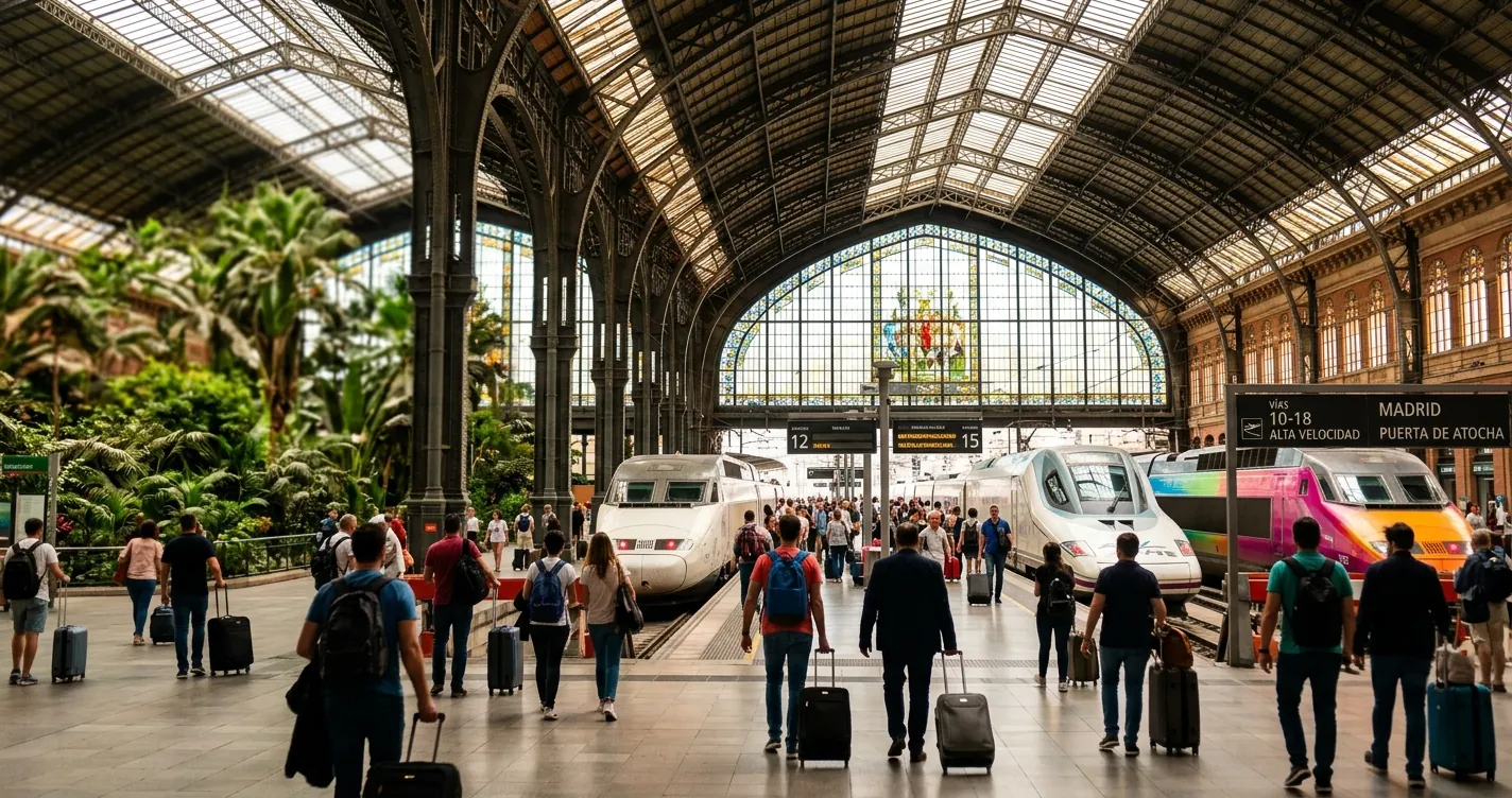 Estaciones de trenes en Madrid - Andenes de alta velocidad y viajeros en una gran terminal madrileña