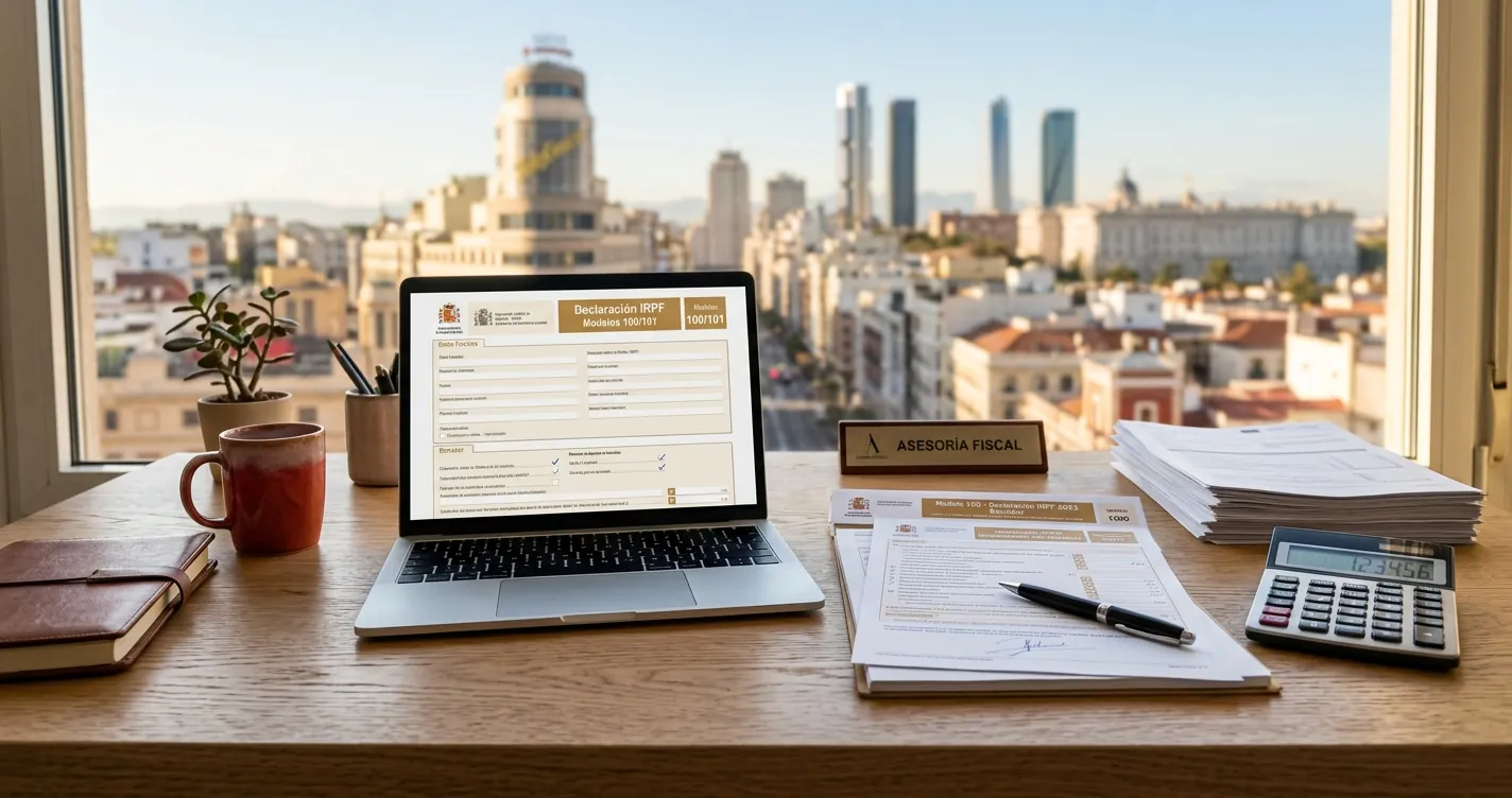 Declaración de la renta para extranjeros en Madrid - formularios fiscales y calculadora sobre un escritorio