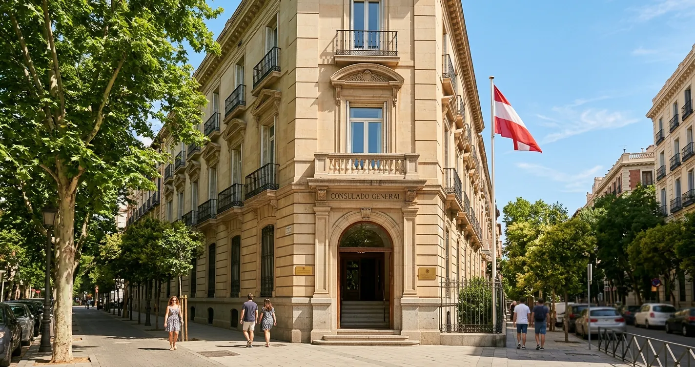 Consulado peruano en Madrid citas - fachada de oficina consular en Madrid con bandera