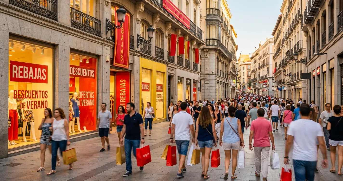Rebajas de verano en Madrid 2026: calle comercial del centro con escaparates de descuentos en verano
