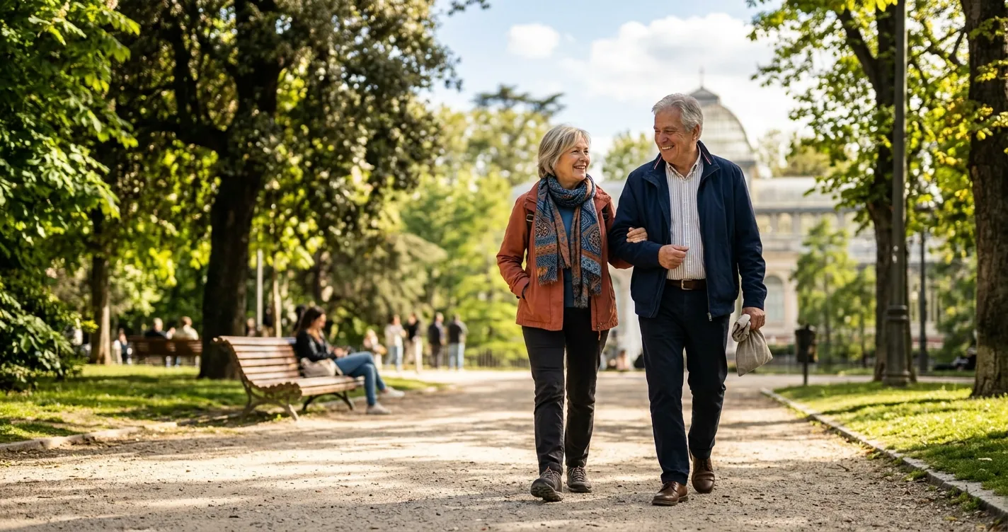 Pensiones para extranjeros en España - Pareja jubilada paseando por un parque de Madrid