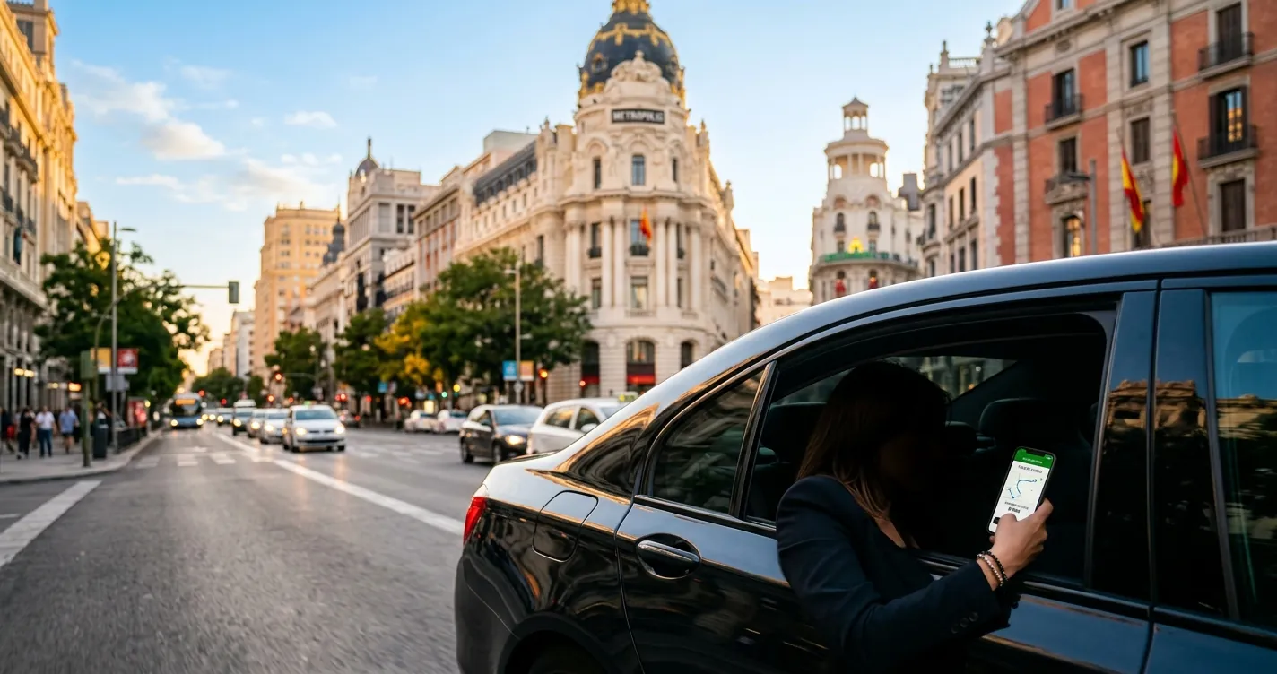 Pedir un Uber en Madrid - vehículo VTC circulando por una avenida del centro de la ciudad