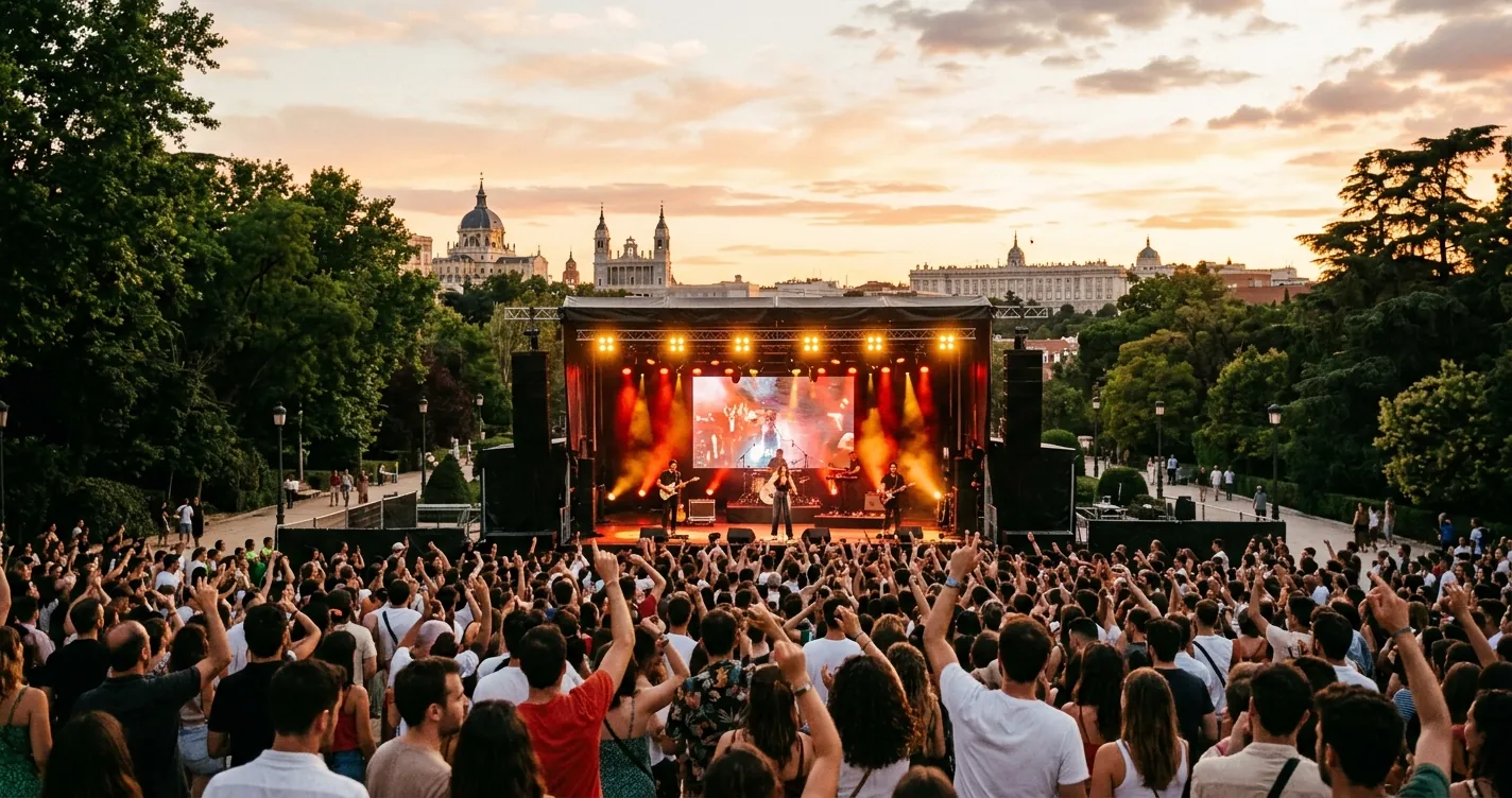 Festivales de verano en Madrid 2026 - Concierto al aire libre en un parque al atardecer