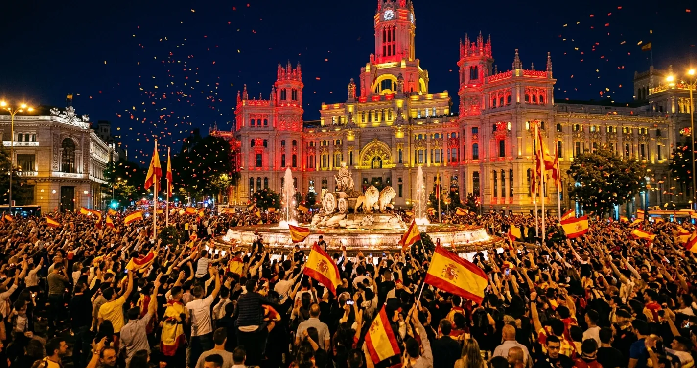 Celebración de España campeona del mundo 2026 en la fuente de Cibeles en Madrid