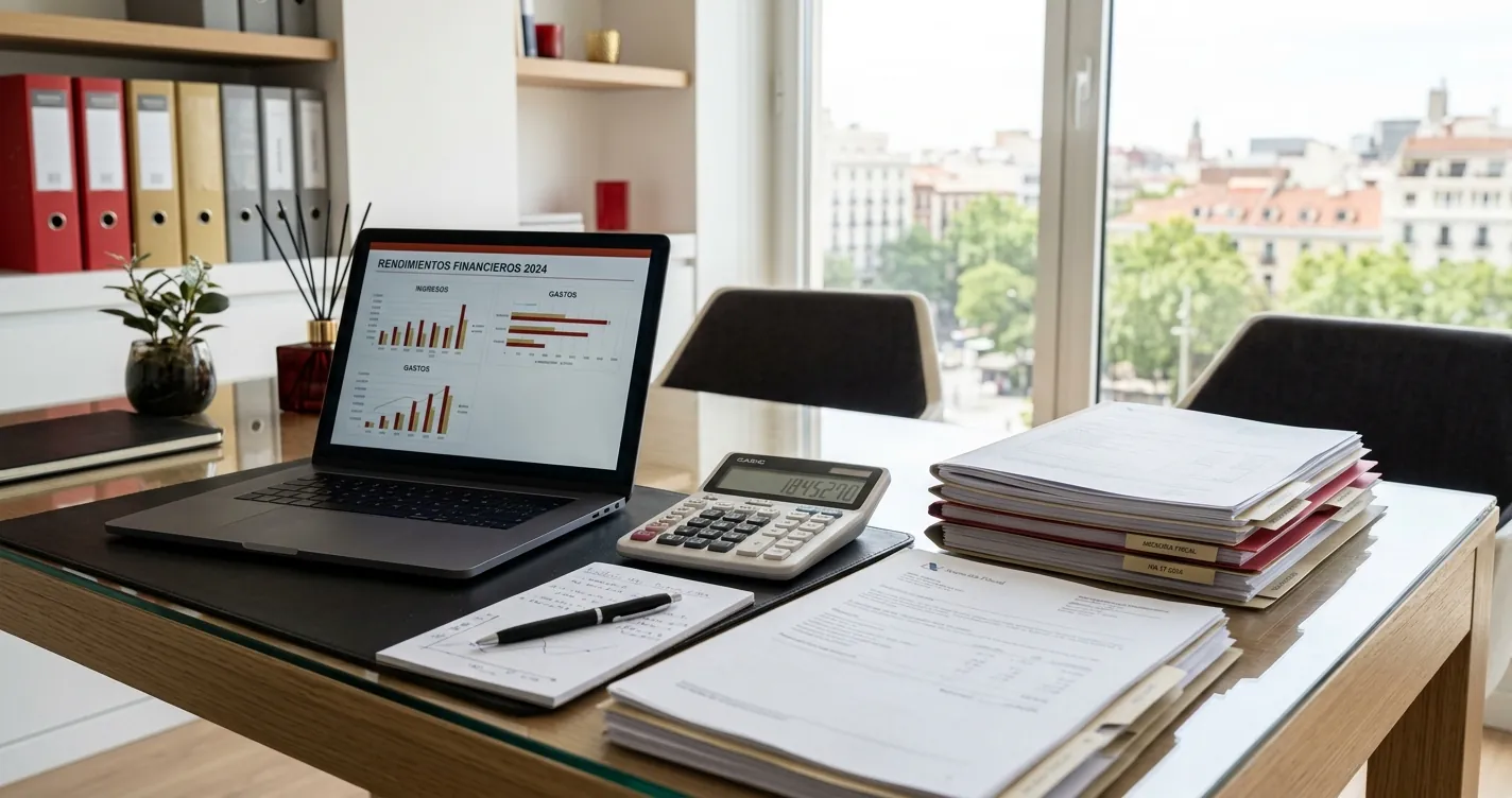Asesoría fiscal para extranjeros en Madrid - despacho con documentos de impuestos y calculadora