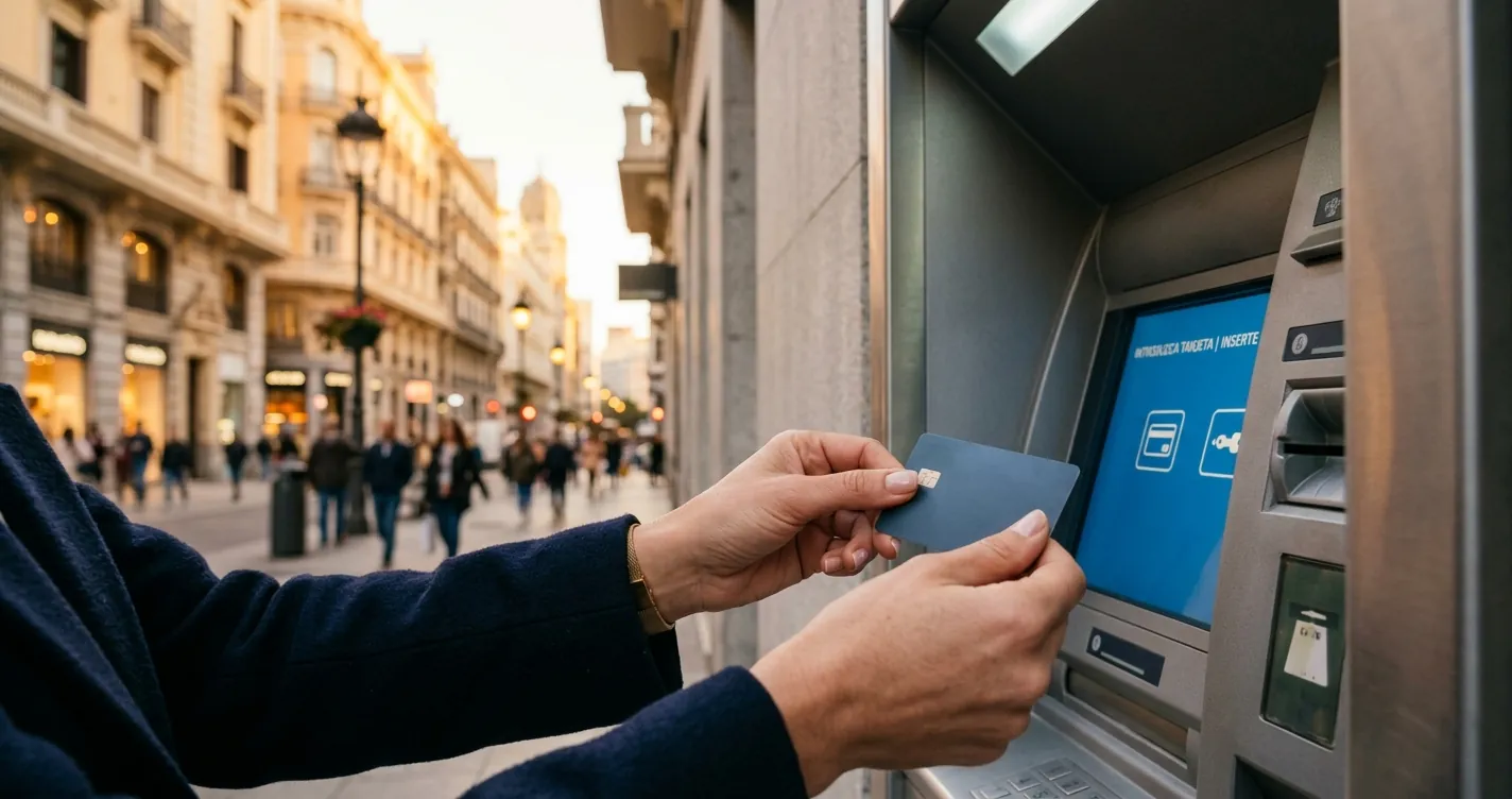 Tarjetas de crédito para extranjeros en España - Persona usando tarjeta bancaria en un cajero de Madrid