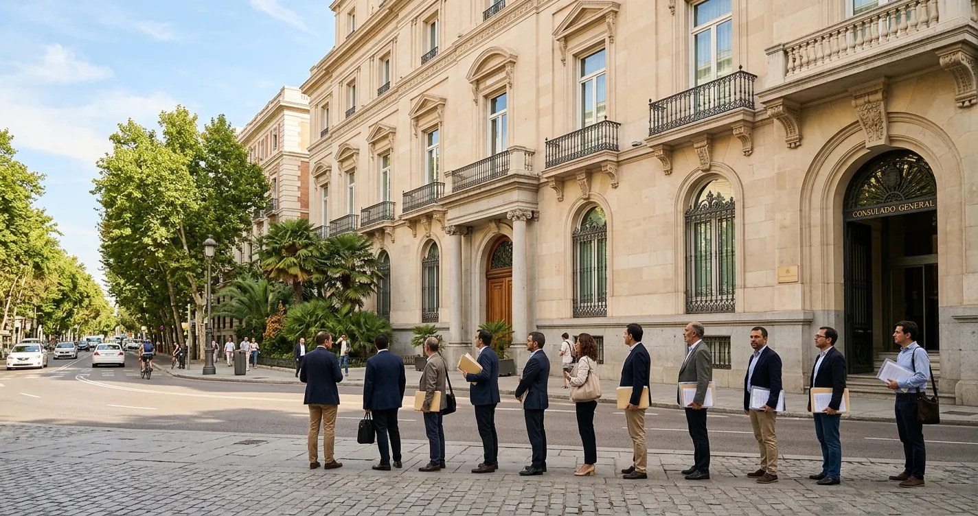 Consulado de Cuba en Madrid - Entrada de la sede consular con personas esperando para realizar trámites