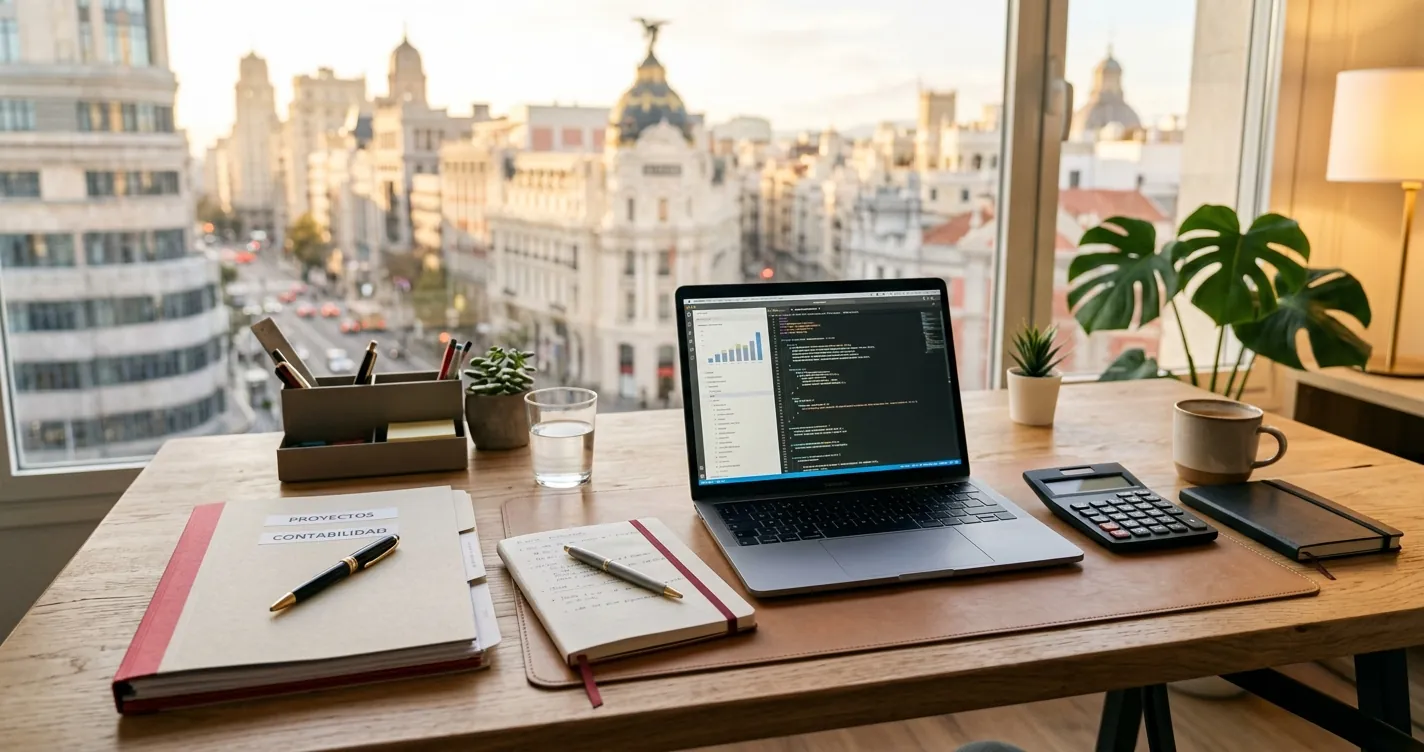 Seguros para autónomos en Madrid - Escritorio de profesional autónomo con documentos y portátil en oficina madrileña
