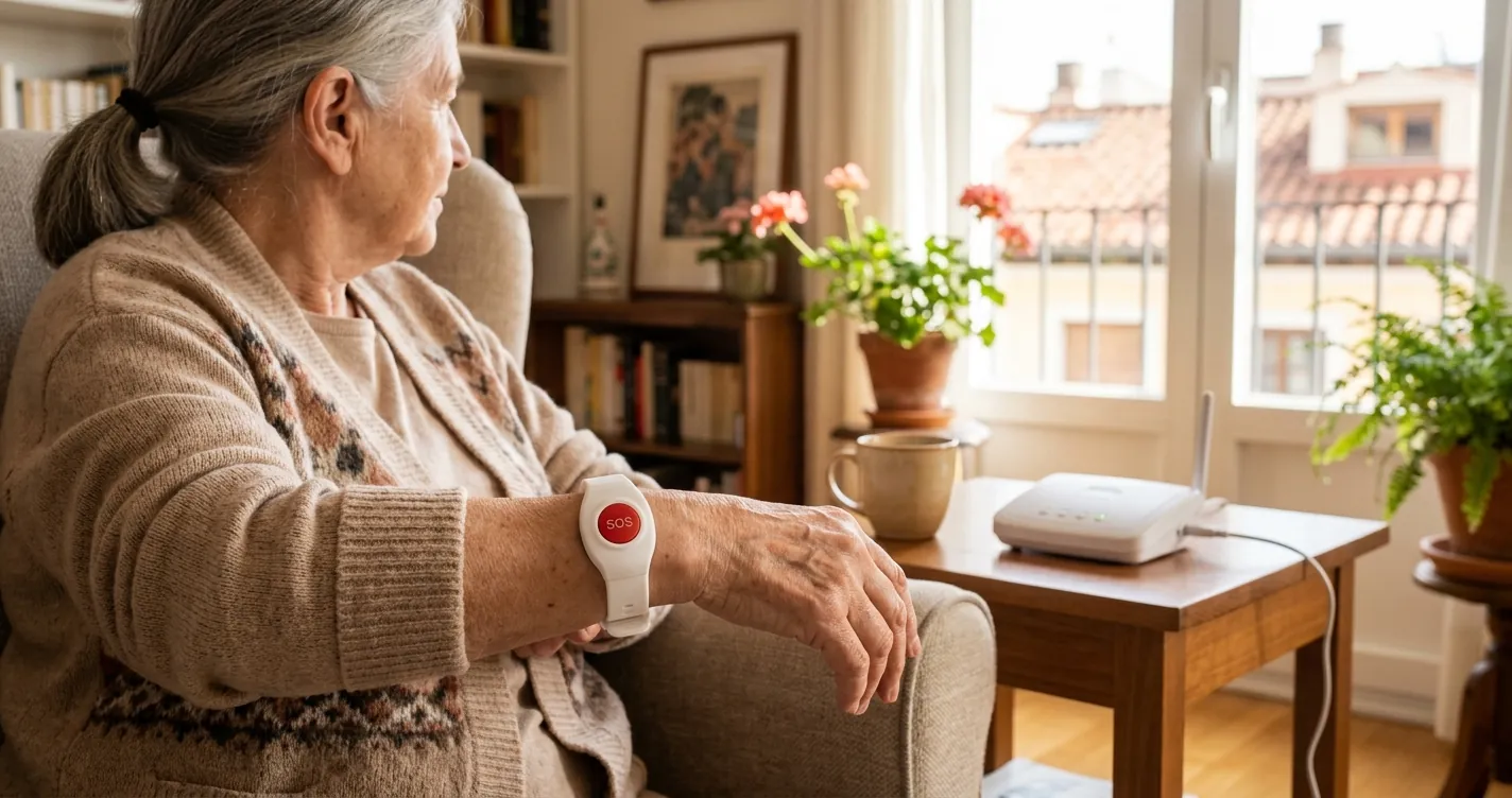 Empresas de teleasistencia en Madrid - Pulsera con botón de emergencia de teleasistencia domiciliaria en el salón de una vivienda madrileña
