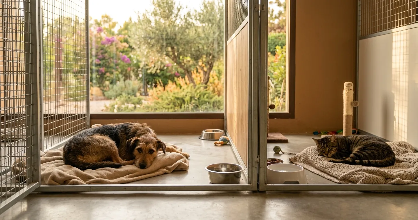 Refugios de animales en Madrid: perro y gato en adopción descansando en las instalaciones de una protectora madrileña