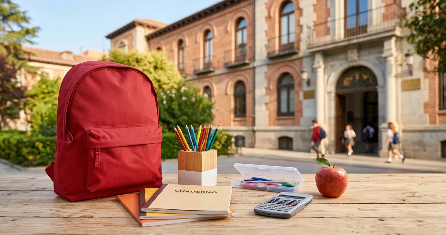 Material escolar y mochila preparados para la vuelta al cole en Madrid 2026 sobre una mesa de madera