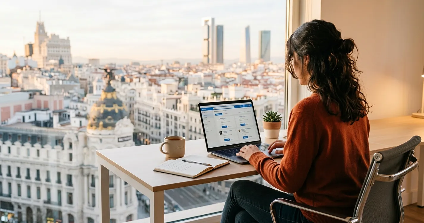 Portales de empleo en Madrid - Persona buscando ofertas de trabajo online con la ciudad al fondo