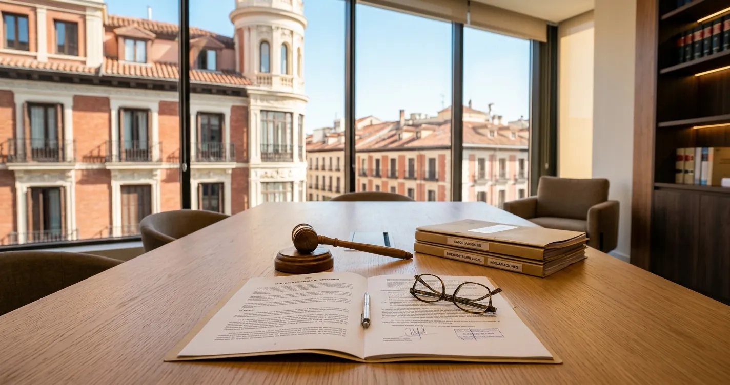 Despacho de abogados laboralistas en Madrid con documentos legales sobre la mesa de reuniones
