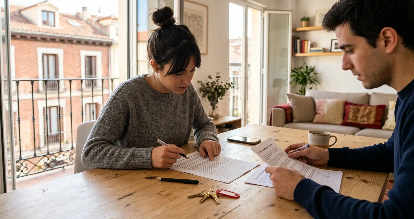 Requisitos para alquilar un piso en Madrid siendo extranjero - documentos, contrato y llaves sobre una mesa