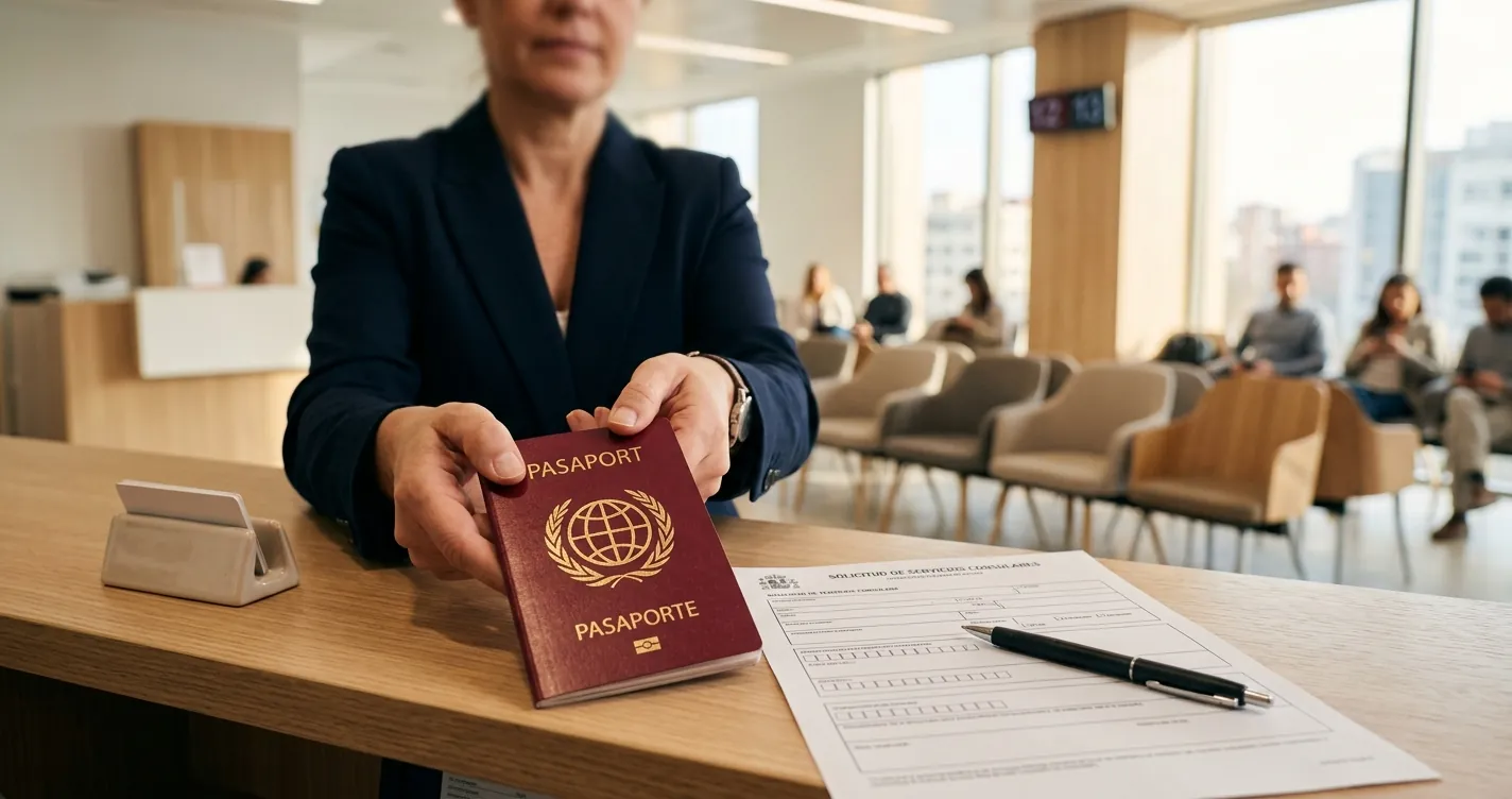 Renovar pasaporte paraguayo en Madrid - manos con un pasaporte y formulario de solicitud en la ventanilla del consulado