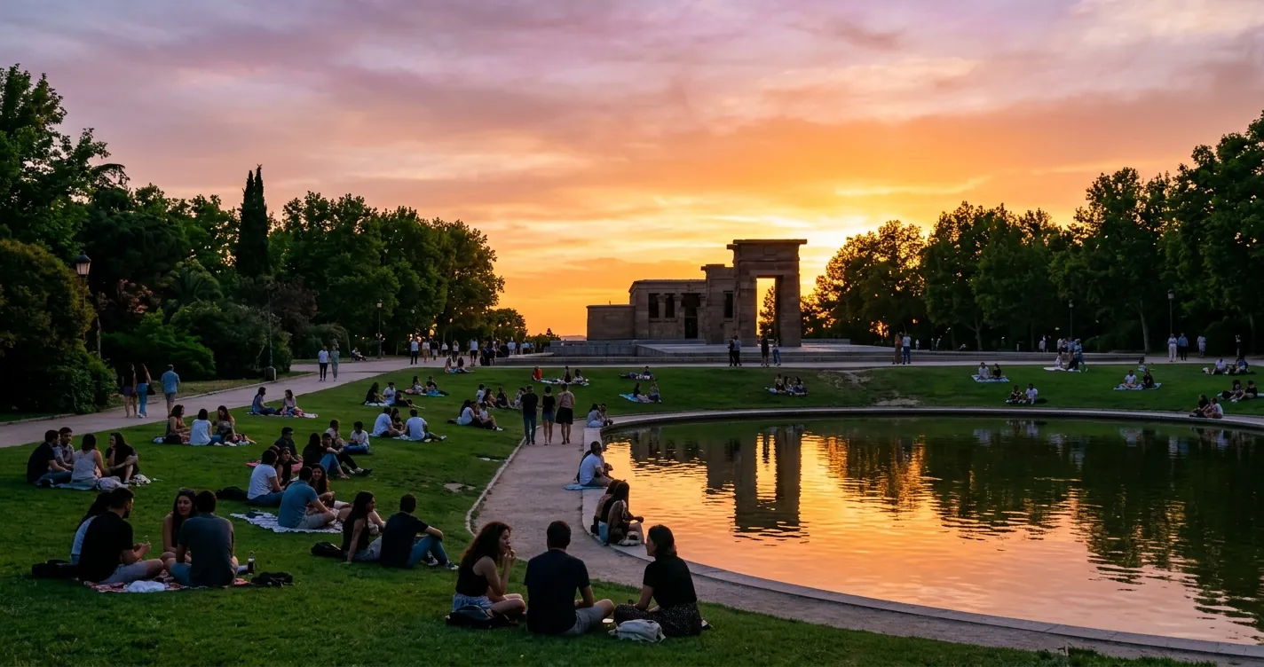 Actividades gratuitas en Madrid agosto 2026 - Atardecer de verano en un parque del centro de Madrid