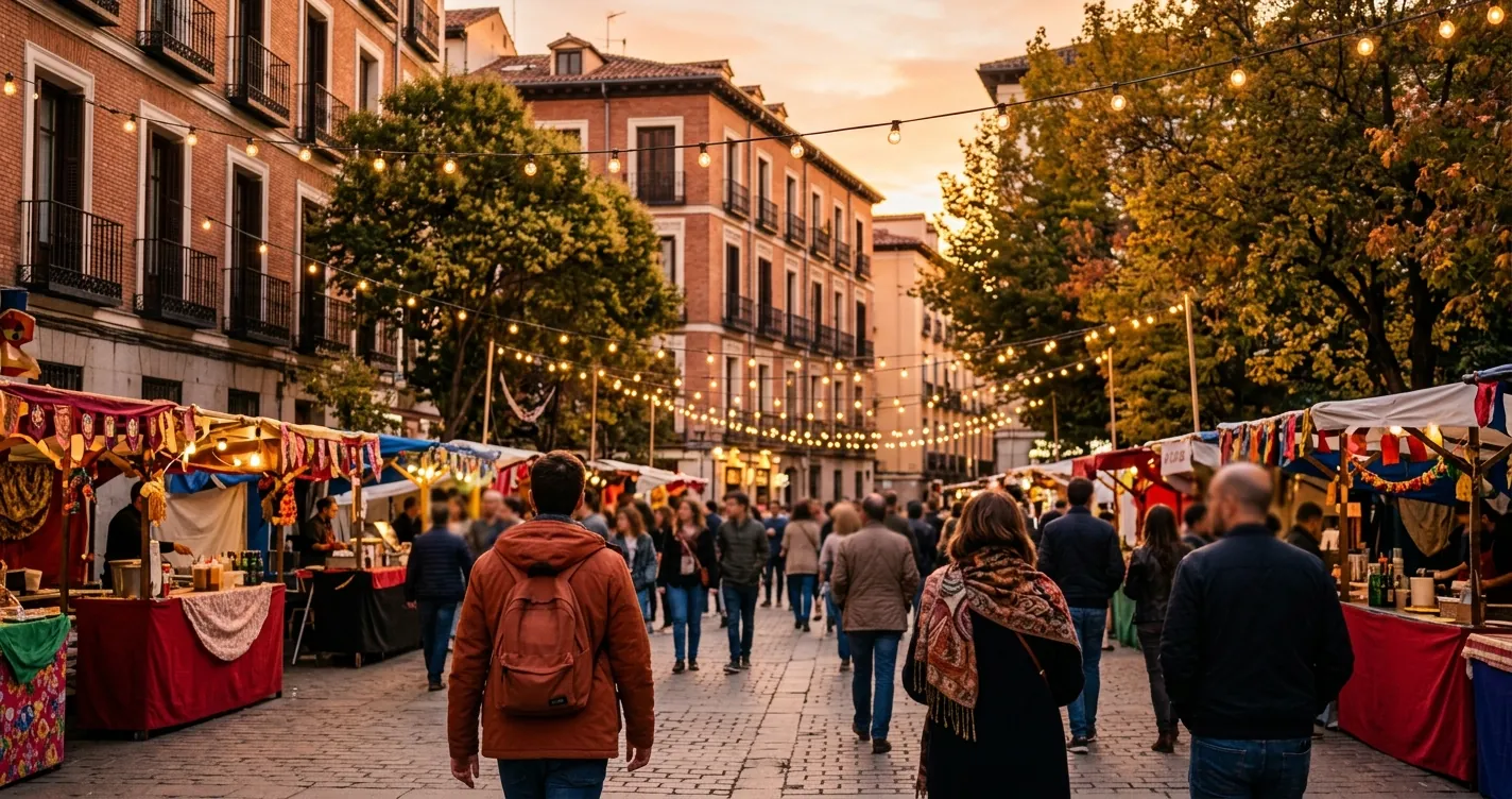 Eventos en Madrid septiembre 2026 - Fiesta popular con guirnaldas de luces en una plaza madrilena