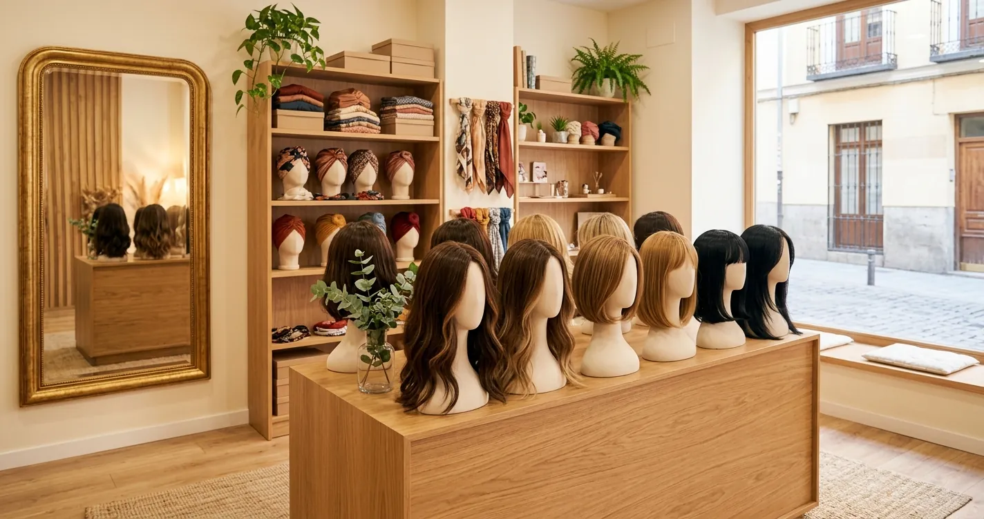 Tiendas de pelucas en Madrid centro con pelucas de pelo natural y turbantes oncológicos expuestos