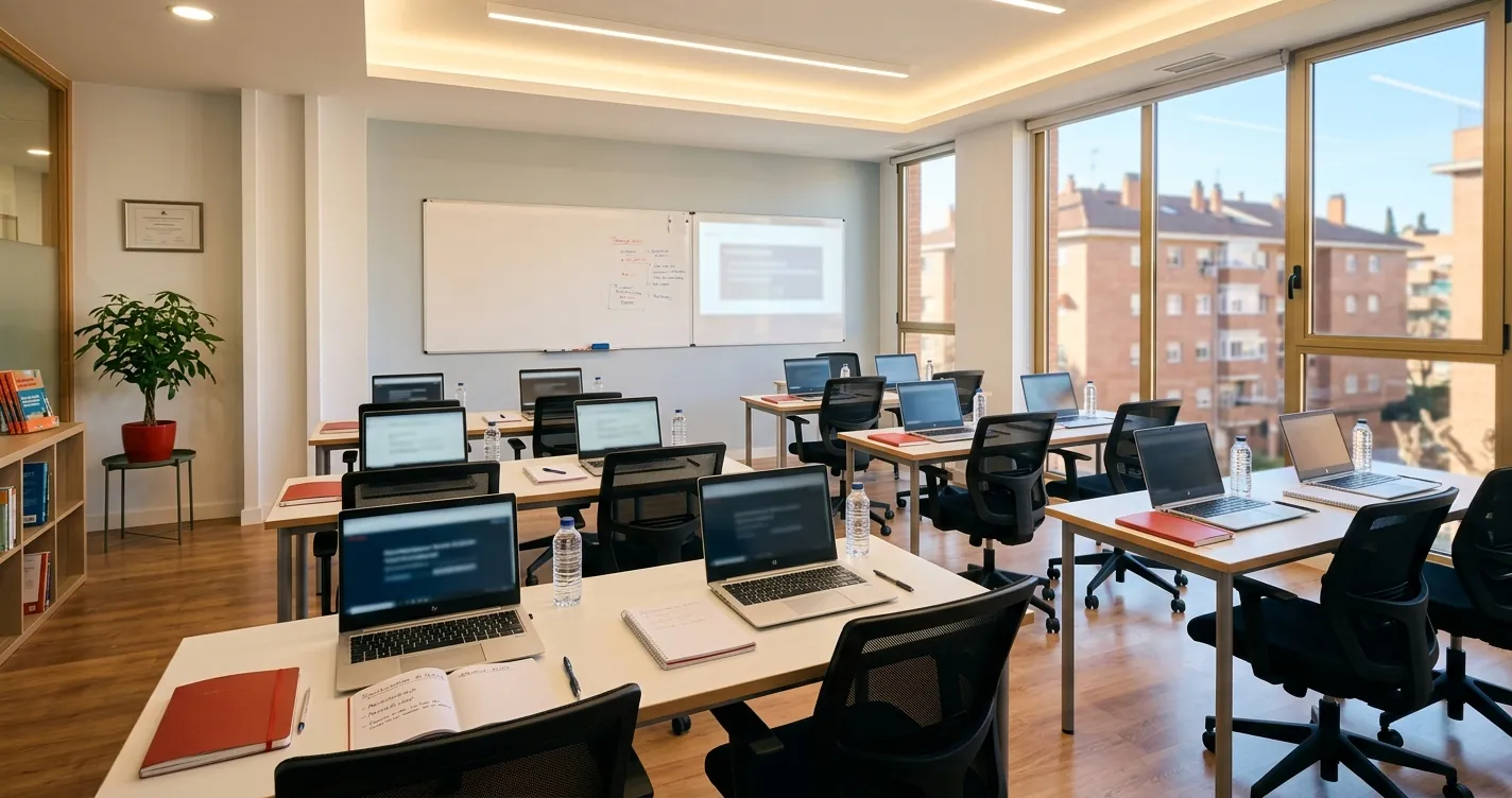 Aula de cursos gratuitos para desempleados en Madrid con ordenadores y pizarra preparada para la formación