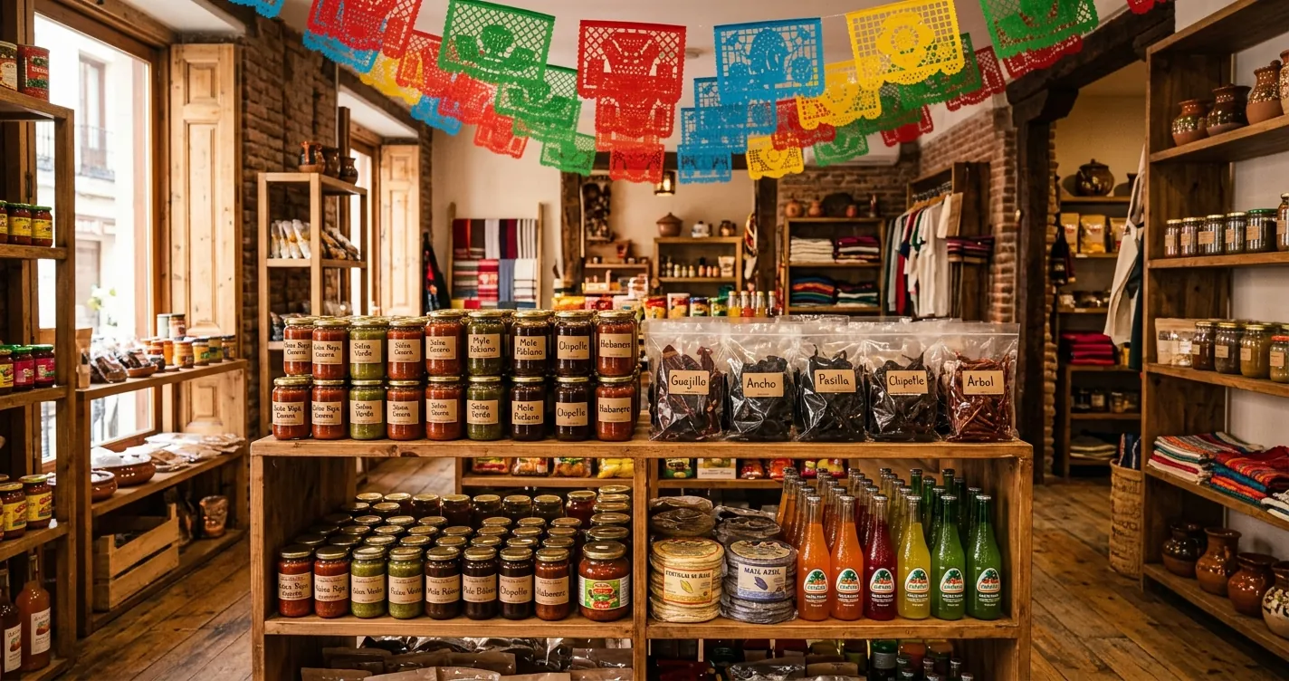 Tienda de productos mexicanos en Madrid - Estantería con tortillas, chiles secos, salsas y mole