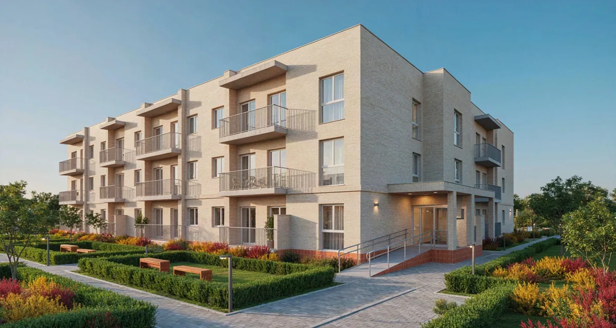 Apartamentos tutelados para mayores en Madrid precios 2026: fachada de un complejo residencial con zonas comunes ajardinadas
