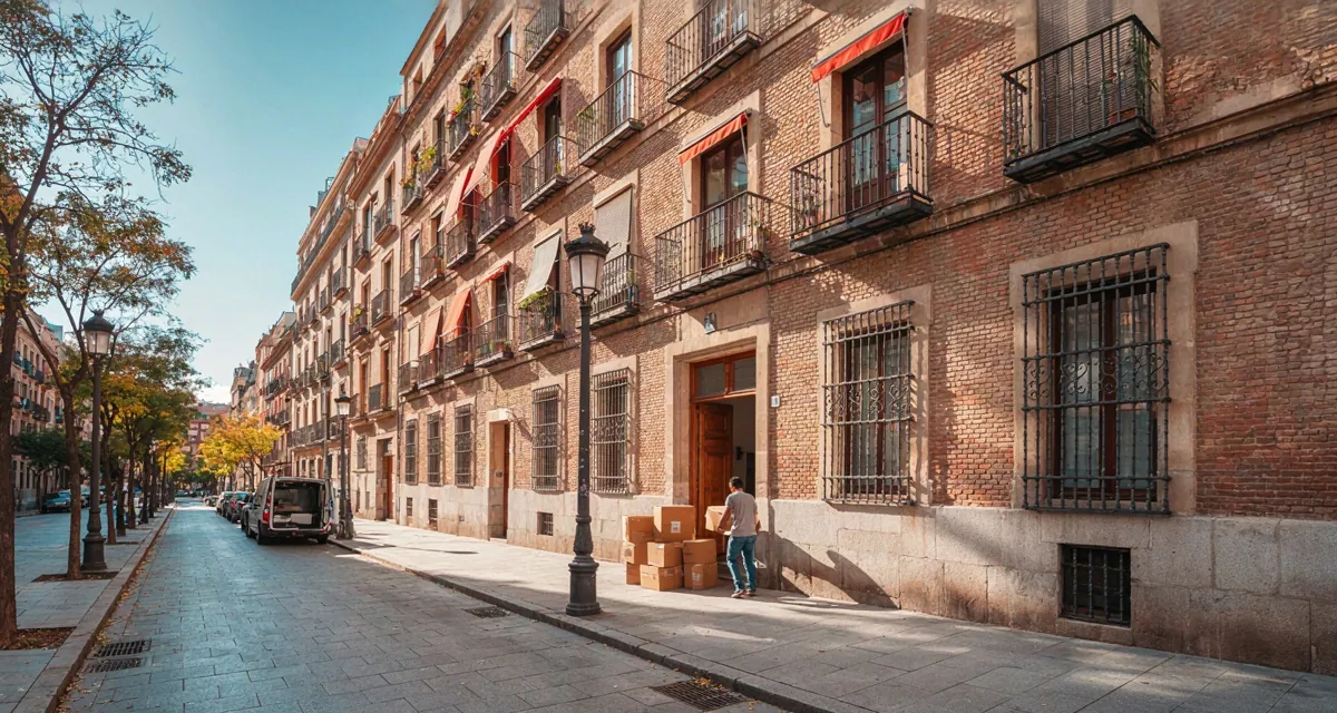 Mudarse a Madrid 2026: cajas de mudanza junto a la puerta de un piso vacío en un barrio de Madrid