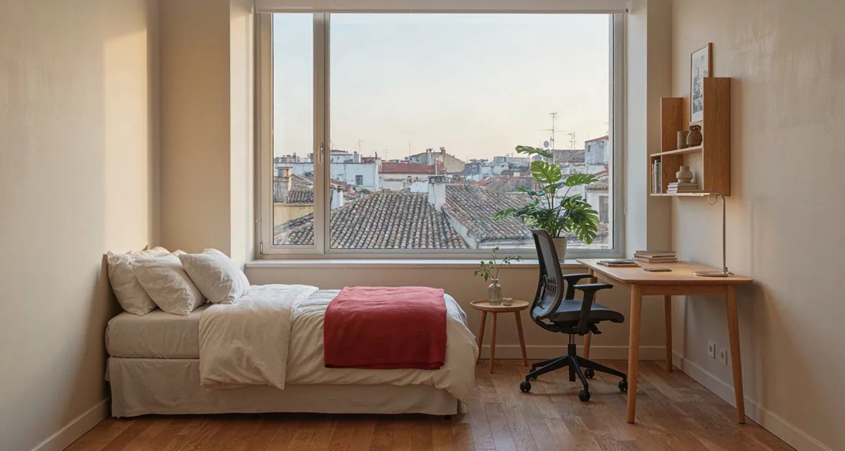 Residencias de estudiantes en Madrid precios 2026: habitación individual con escritorio en una residencia universitaria luminosa