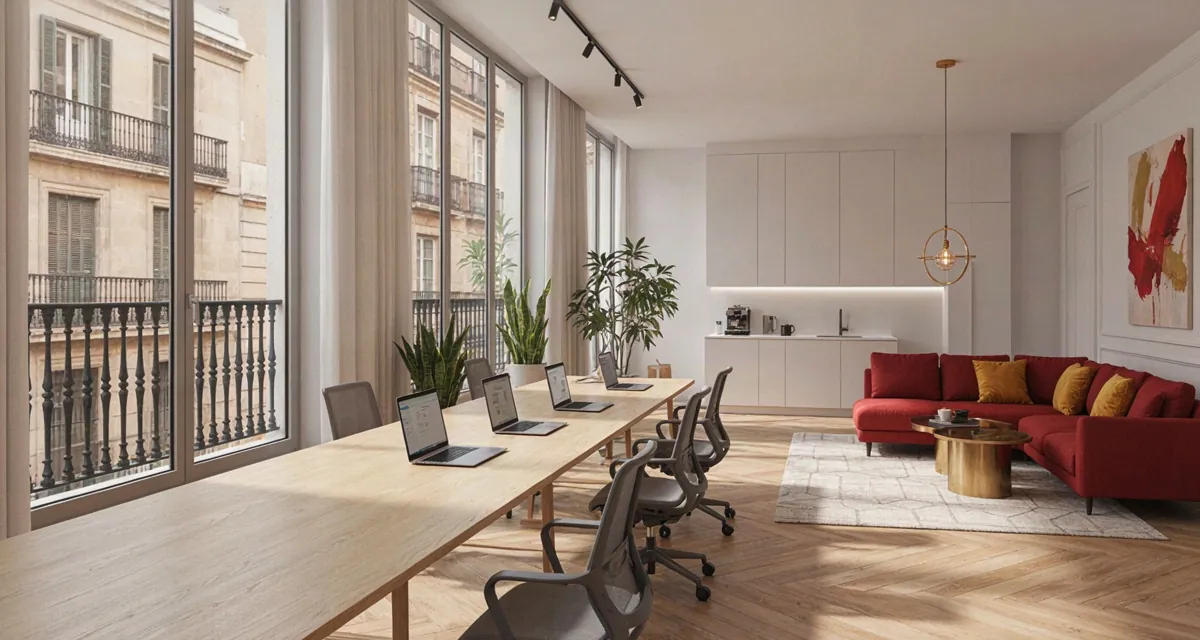 Interior de un espacio de coworking Madrid 2026 con mesas compartidas, luz natural y zonas comunes para trabajar