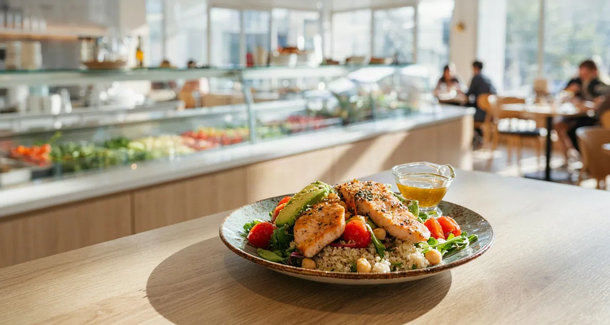 Bowl de ensalada fresca con quinoa, aguacate y salmón en un restaurante de la lista de restaurantes de ensaladas en Madrid 2026