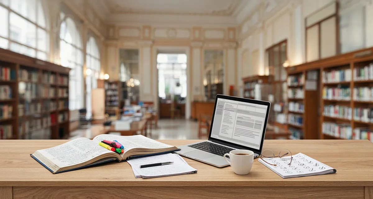 Mesa con temario, test y apuntes de oposiciones en Madrid 2026 en una biblioteca luminosa de la ciudad