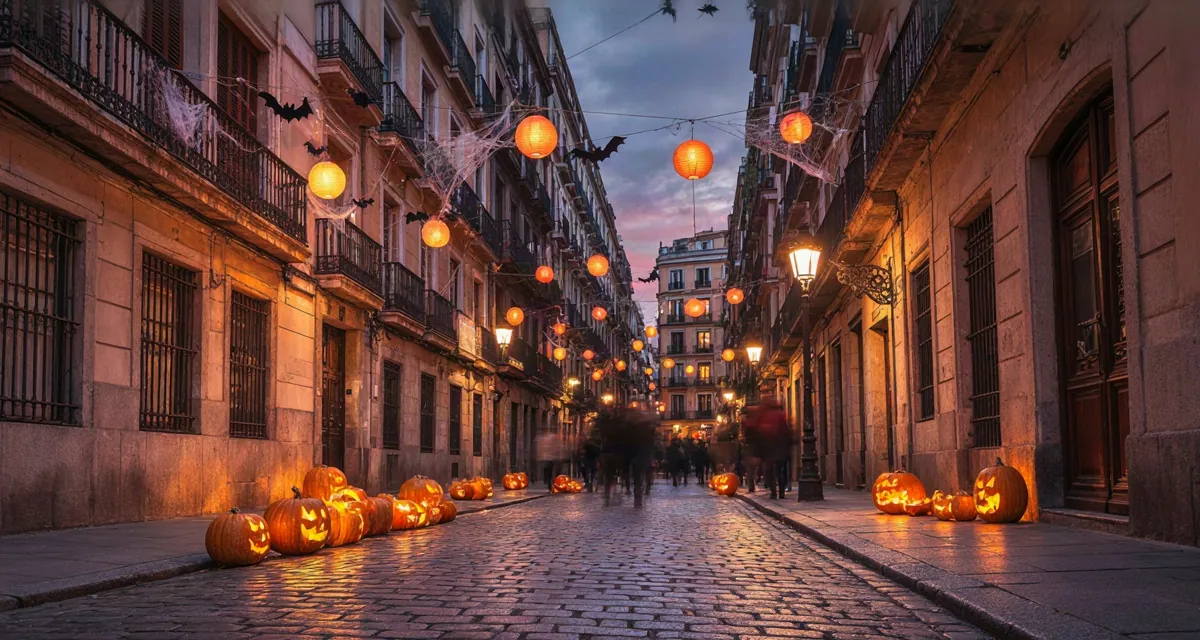 Decoración de Halloween Madrid 2026 en una calle del centro: calabazas iluminadas, farolillos naranjas y fachadas históricas al anochecer